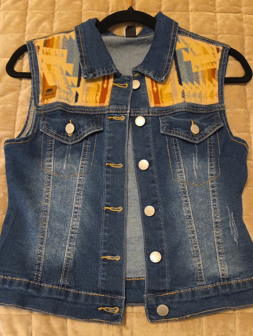 Repurposed Sleeveless Denim Vest with Pendleton Fabric Panels